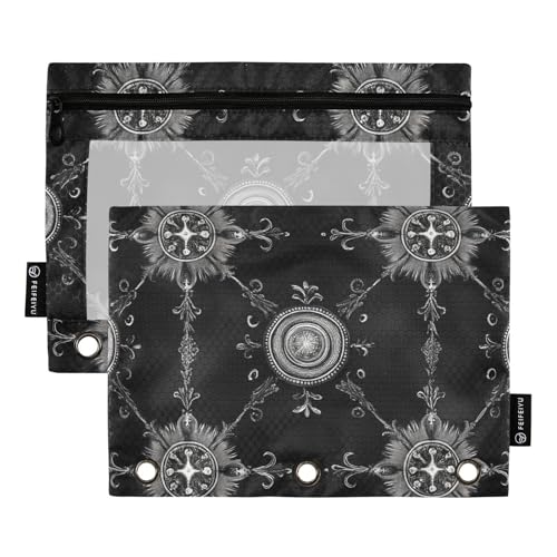 Aktentaschen mit Reißverschluss mit klarem Fenster schwarz gotisch Vintage Blumen Stoff Bleistifttasche in gemischten Farben 3 Ringe Pinntasche Schulklasse Büro Veranstalter mehrfarbig 2 Stück von Amooorous