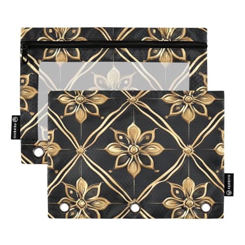 Aktentaschen mit Reißverschluss mit klarem Fenster schwarz und gold Vintage Blumen Paddle Stifttasche klares Fenster und Ösen 3 Ringe Ordentasche für Klassenzimmer Schule Bürobedarf mehrfarbig 2 Stück von Amooorous