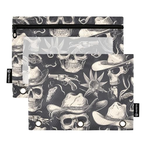 Aktentaschen mit Reißverschluss mit klarem Fenster schwarz und weiß Cowboy cool Schädel Federmäppchen mit Reißverschluss große und robuste 3 Ringe Federmäppchen für Klassenzimmer Schule Bürobedarf von Amooorous