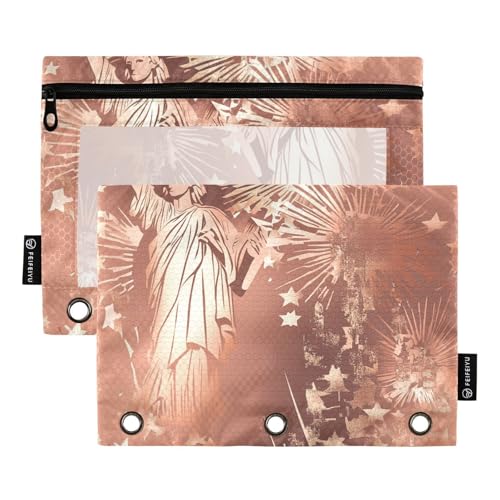 Aktentaschen mit klarem Fenster Rotgold Freiheitsstatue Reißverschluss Federmäppchen große Kapazität Taschen 3 Löcher für Bürobedarf mehrfarbig 2 Stück von Amooorous