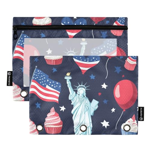 Aktentaschen mit klarem Fenster rot und blau amerikanischen Ballon Lady Liberty Farbe Federmäppchen durchscheinende Fenster und Ösen Federmäppchen 3 Ringe für Bürobedarf mehrfarbig 2 Stück von Amooorous