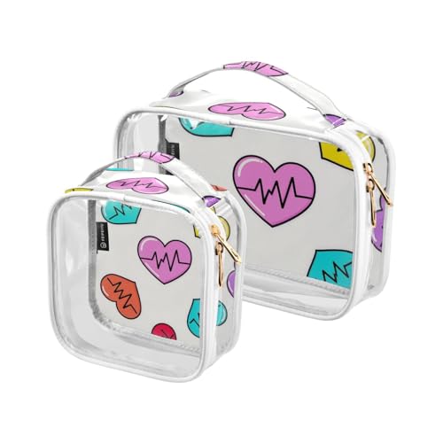 Amooorous 2 Pack Cartoon Liebe Elektrokardiogramm Bunte klare dekorative Herren Kulturbeutel Reisetasche TSA zugelassen tragbare Make-up Tasche kleine Rasur Essentials die Maquillaje, Cartoon Liebe, von Amooorous