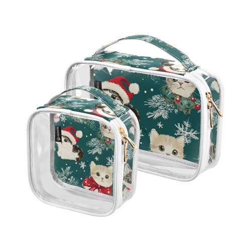 Amooorous 2 Pack Cartoon Nette Frohe Weihnachten Katze klare dekorative Kulturbeutel kleine TSA zugelassene wiederverwendbare kosmetische Reisetaschen für Frauen Flughafen Airline Compliant de von Amooorous