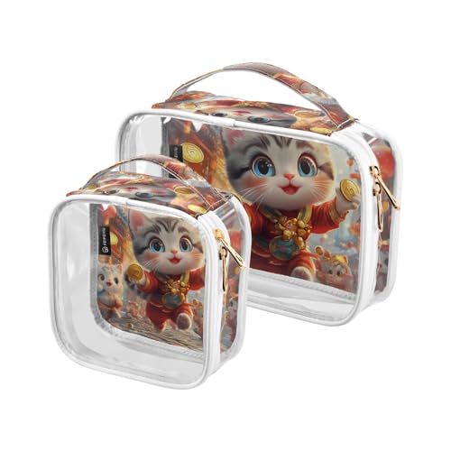 Amooorous 2 Pack Cartoon Nette Rote Neujahr Katze klare dekorative Kulturbeutel für Frauen TSA genehmigt wasserdicht Make-up Reisetasche Männer rasieren kit Bolsa de maquillaje, Cartoon niedlich, von Amooorous