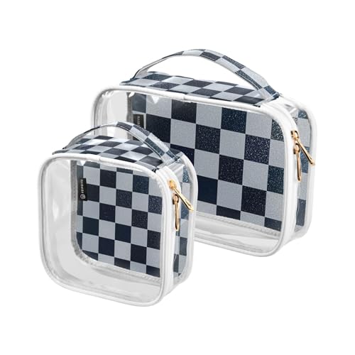 Amooorous 2 Pack Gefälschte Glitzer Schachbrett Quadrate Weiß Marineblau klare dekorative Reise Kulturbeutel TSA genehmigt transparente kosmetische Reisetaschen für Frauen Männer Rasier-Kit Bolsa de, von Amooorous
