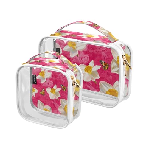 Amooorous 2 Pack Kunst Narzissen Blume Heißer Rosa klare dekorative Herren Kulturbeutel TSA genehmigt multifunktionale kleine Kosmetiktasche Reise wesentliche maquillaje, Kunst Narzissen Blume Heißer, von Amooorous
