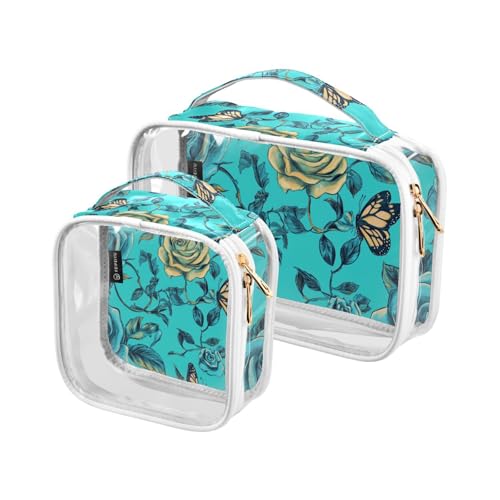 Amooorous 2 Pack Nette Rose Blume Schmetterling Türkis klare dekorative Make-up und Toilettenartikel TSA genehmigt wasserdichte Kosmetiktaschen für Frauen Reisen Set Flughafen Airline konform, von Amooorous