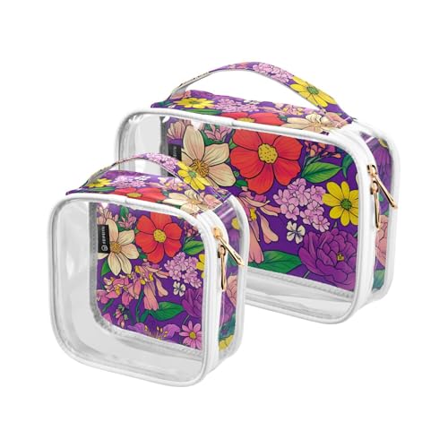 Amooorous 2 Pack Ölgemälde mit Lila Retro Blumen klare dekorative Herren Kulturbeutel TSA zugelassen wasserdichte Kosmetiktaschen für Frauen Männer rasieren Kit Bolsa de maquillaje,, Ölgemälde mit von Amooorous