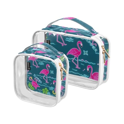 Amooorous 2 Pack Sommer Neon Flamingo Kokosbaum Blau klare dekorative Kulturbeutel Reisetasche TSA zugelassen wasserdicht klar Make-up Tasche Männer rasieren kit de maquillaje, Sommer Neon Flamingo, von Amooorous