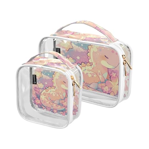 Amooorous 2 Stück Cartoon-Baby-Dinosaurier-Motiv, kindlicher Kritzel-Stil, Pastellfarben, transparent, dekorative Make-up-Taschen für Frauen, TSA-zugelassen, multifunktionale Kosmetiktaschen für von Amooorous