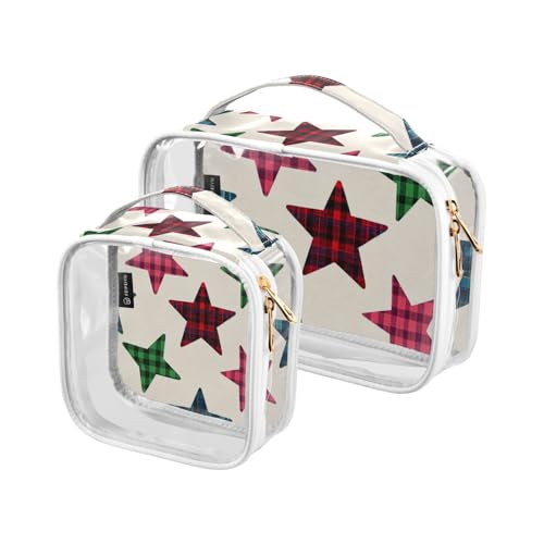 Amooorous 2 Stück Cartoon Beige Kariert Kariert Sterne Klar Dekorative Reisetasche Kulturbeutel TSA genehmigt Wasserdichte Tasche Reise Kosmetik Herren Rasierset Maquillaje, Karierte Sterne in von Amooorous