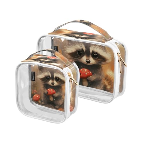 Amooorous 2 Stück Cartoon süßer grauer Waschbär Pilz klar dekorativ Herren Kulturbeutel Reise TSA genehmigt wasserabweisend Kosmetik Reisetasche, Niedlicher grauer Waschbär-Pilz, 1 size von Amooorous