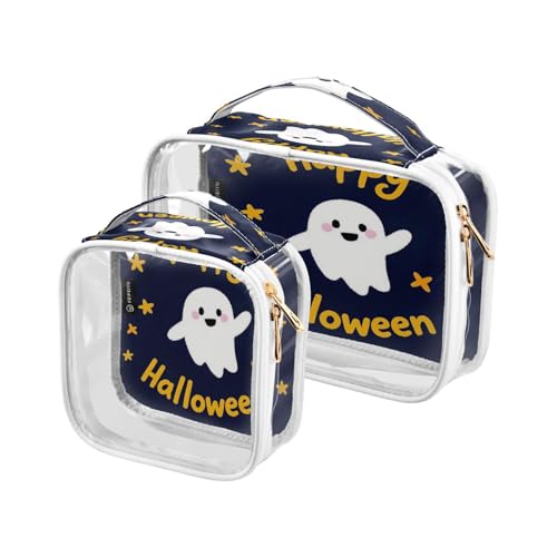 Amooorous 2 Stück Happy Halloween Cartoon Cute White Einzigartige transparente dekorative Herren-Kulturbeutel für Reisen TSA-genehmigte multifunktionale Reise-Make-up-Tasche Flughafenfluggesellschaft von Amooorous