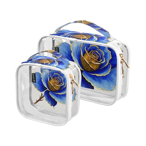 Amooorous 2 Stück Rose Blume Blau Gold Klar Dekorative Herren Kulturbeutel Reisetasche TSA genehmigt Multifunktionale Kosmetiktaschen mit Reißverschluss Reise Essential Para Maquillaje, Rose Flower von Amooorous