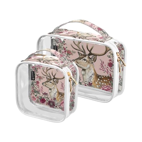 Amooorous 2 Stück Sika Hirsch Blume Blumen transparent dekorative Reisetasche Kulturbeutel TSA-zugelassen wasserdicht kleine Make-up-Tasche Herren Rasierset para maquillaje, Sika Hirsch Blume Floral, von Amooorous