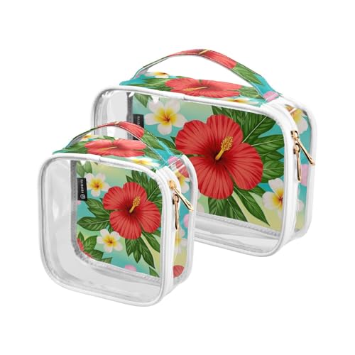 Amooorous 2 Stück Sommer Plumeria Hibiskus Blume transparent dekorative Kulturbeutel Herren TSA-zugelassen multifunktionale Kosmetik-Reisetasche für Frauen Flughafen Fluggesellschaft konform Bolsa de von Amooorous