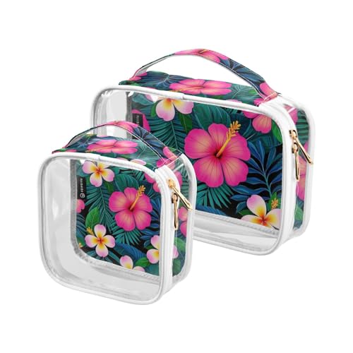 Amooorous 2 Stück Sommer Plumeria Hibiskus Palmblatt transparente dekorative Kulturbeutel für Reisen Frauen TSA-zugelassen transparente Make-up-Tasche klein Herrenrasierset Maquillaje, Sommer Plumeria von Amooorous