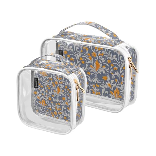 Amooorous 2 Stück trendige Vintage-Blumen-Kulturbeutel für TSA-zugelassene tragbare Make-up-Organizer-Tasche für Herren, Rasierset, Grau / Orange, transparent, Trendige Vintage-Blume, Grau / Orange, 1 von Amooorous
