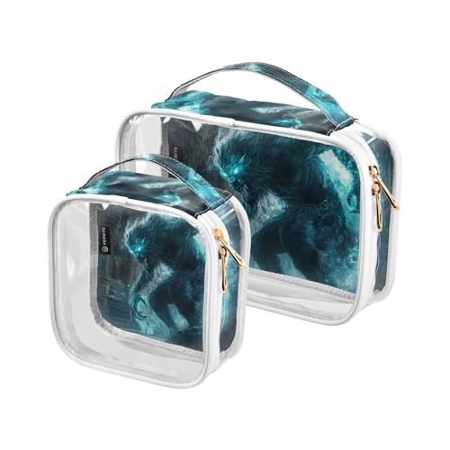 Amooorous 2er Pack Blau Glitzer Böse Monster Transparent Deko Transparent Kosmetiktasche TSA genehmigt Wiederverwendbare Taschen für Frauen Herren Rasierer de maquillaje Paar,, Blue Glitter böse von Amooorous