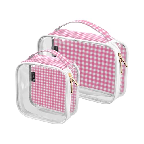 Amooorous 2er Pack pink-weiß kariert transparent dekorative Kosmetiktasche für Frauen TSA genehmigt transparente Reisetasche Kosmetiktasche Rasierset für Männer Paar maquillaje,, Pink-Weiß Kariert, 1 von Amooorous