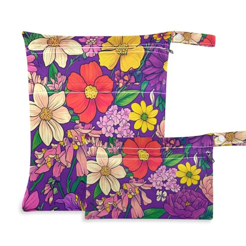 Amooorous Badeanzugtaschen mit Ölgemälde mit violetten Retro-Blumen, mit Reißverschluss, 2 Stück, Reisezubehör für Babys, mit Griffen für Strand, Yoga, Ölgemälde mit lila Retro-Blumen, 1 size, Lässig von Amooorous
