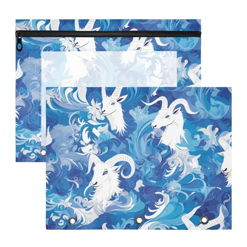 Amooorous Bindertaschen, stabiler Stifthalter für A4-Papier, Briefe, 2 Stück, Studenten, Schulbedarf, Ziegen, blaue Wellen von Amooorous