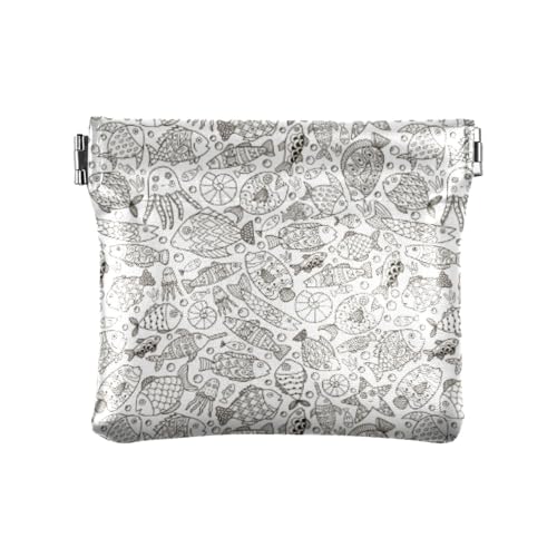 Amooorous Black and White Line Sense Fish Damen Kleine Leder Münzbörse Geldbörse Einzigartige Mini Kosmetiktasche für Mädchen Damen Handtasche, Black and White Line Sense Fish, 1 size von Amooorous