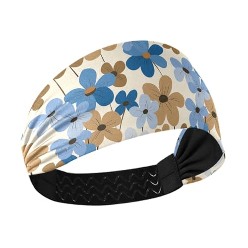 Amooorous Blau-braune Retro-Blumen, rutschfest, breite Stirnbänder, elastische Stirnbänder für Damen, für Make-up, Radfahren, Diademen von Amooorous