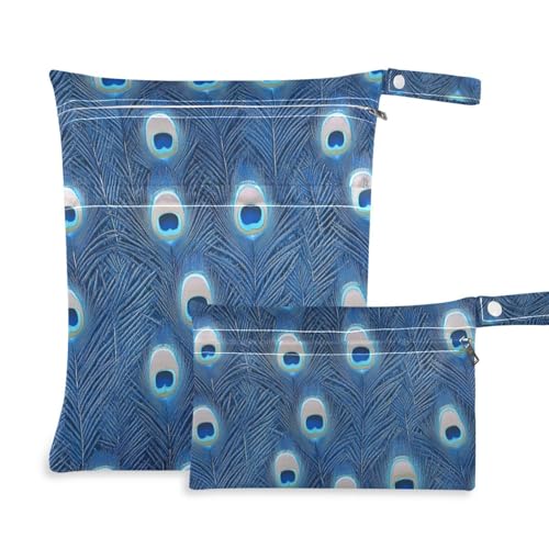 Amooorous Blaue Pfauenfeder-Taschen mit Reißverschluss für Badeanzüge, 2 Stück, Reiseutensilien für Babys mit Griffen für Yoga, Pool von Amooorous
