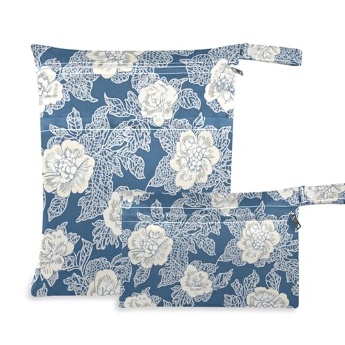 Amooorous Blaue und weiße Spitzen-Blumen, wasserdichte Taschen für Reisen, 2 Stück, Reiseutensilien für Babys mit Griffen für Fitnessstudio, Yoga von Amooorous