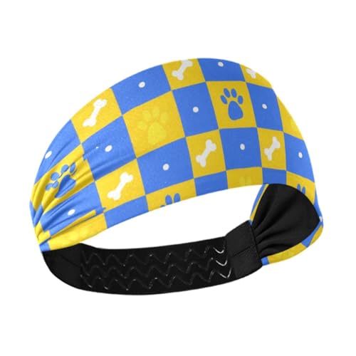 Amooorous Blaues und gelbes Gitterpfotenabdruck-Stirnband für Damen, elastisches Kopfband für Damen, zum Wandern, athletischer Sport, Laufen, Banda para el cabello von Amooorous