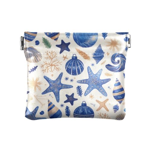 Amooorous Blue Merry Christmas Bell Seestern Kleine Leder Münzbörse Wasserdicht Bargeld Münzbörse für Frauen, Blaue Frohe Weihnachten Glocke Seestern, 1 size von Amooorous