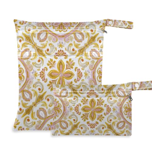 Amooorous Bohemia Retro Trendy Flower Paisley Gold Pfirsich wiederverwendbare schmutzige Kleidertasche 2 Stück Reiseutensilien für Baby mit Griffen für Pool, Reisen von Amooorous