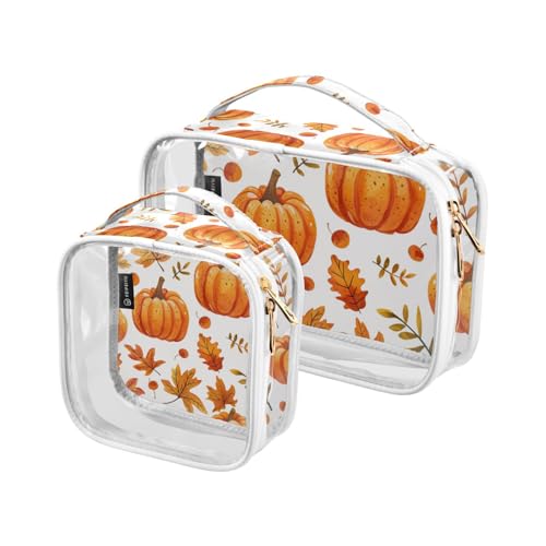 Amooorous Bolsa de Maquillaje Kosmetiktaschen mit Reißverschluss, transparent, dekorativ, für Herren, TSA-zugelassen, wasserdicht, 2 Stück, Orange Kürbis und Blätter, 1 size von Amooorous