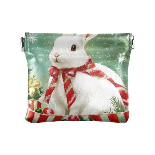 Amooorous Cartoon Cute White Christmas Rabbit PU Leather Change Purse Portable Mini Card Holder Wallet for Women, Cartoon-niedlicher weißer Weihnachtskaninchen, 1 size von Amooorous