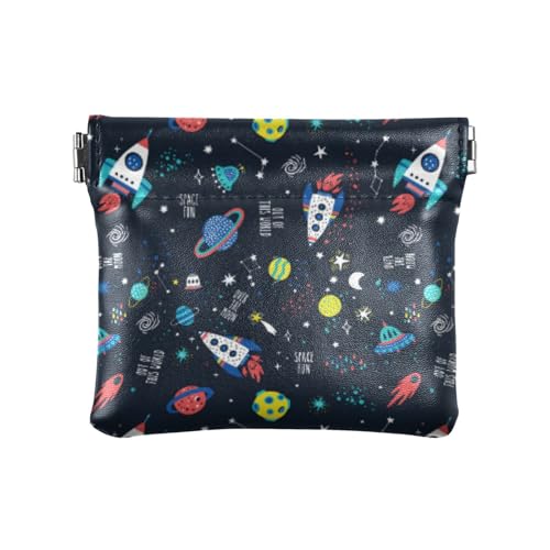 Amooorous Cartoon Rockets Planet Cosmet Star Damen Leder Münzgeldbörsen Beutel Einzigartige Make-up-Tasche Wechselgeldbörse für Frauen Mädchen, Cartoon Rockets Planet Cosmet Star, 1 size von Amooorous