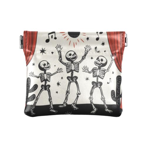 Amooorous Dancing Skull Schwarz Damen Kleine Leder Kleingeld Geldbörse Einzigartige Bargeld Münze Geldbörse für Männer Frauen Reisen, Tanzender Totenkopf, Schwarz, 1 size von Amooorous