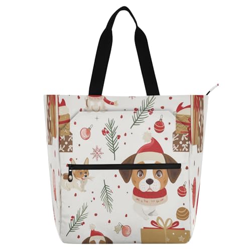 Amooorous Dekorative Büchertasche, Kunst-Tragetasche für Kinder und Erwachsene, Weihnachtswelpe, leichte Handtaschen, Lebensmittel, Strandtasche mit Reißverschlusstaschen, für Schule, Einkaufen von Amooorous