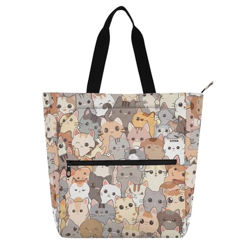Amooorous Dekorative Kinder-Bücher-Tragetasche für Jungen und Mädchen, niedliches Cartoon-Kätzchen, wasserdicht, Bibliothekstasche, Handtasche mit Reißverschlusstaschen, für Schule, Einkaufen von Amooorous