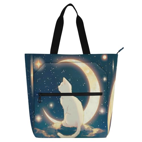 Amooorous Dekorative Kinder-Tragetasche, Klaviertasche, Buchtasche für Kinder und Erwachsene, Katze, Mond, Sternenkarton, Anime, leichte Schul-Schultertasche mit Reißverschlusstaschen, für Schule von Amooorous