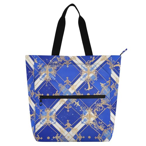 Amooorous Dekorative Kinder-Tragetasche für Kinder, Jungen, Mädchen, Blau und Gold, Vintage-Blumen, stabile Bibliotheksbuch-Tragetasche, Schultertasche mit Taschen, für Schule, Einkaufen, Strand Amooorous Dekorative Kinder-Tragetasche für Kinder, Jungen, Mädchen, Blau und Gold, Vintage-Blumen, stabile Bibliotheksbuch-Tragetasche, Schultertasche mit Taschen, für Schule, Einkaufen, Strand von Amooorous