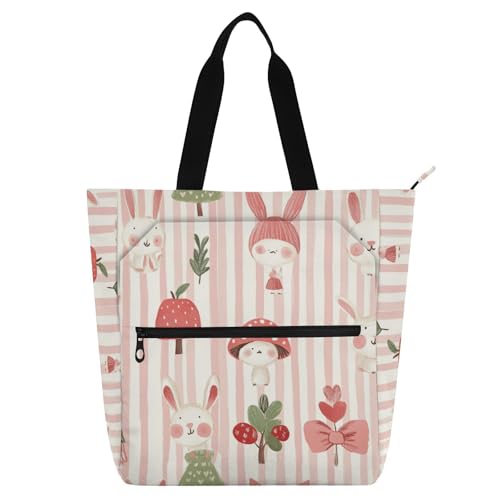Amooorous Dekorative Kinder-Tragetaschen für Kinder, Jungen, Mädchen, Kindliches Häschen, Rouge, gestreift, wasserdicht, Schul-Schultertaschen mit Reißverschlusstaschen, für Schule, Einkaufen von Amooorous