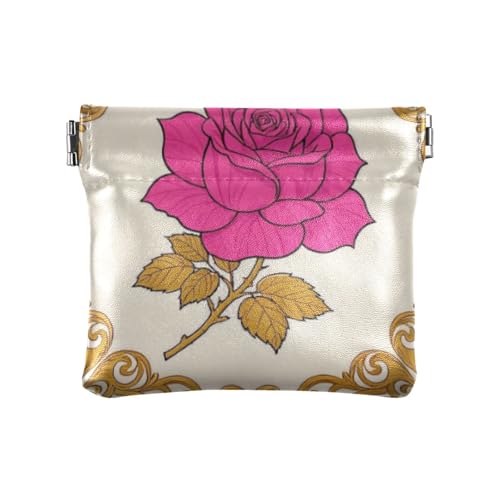 Amooorous Elegante Rose Floral Pfirsich Gold Damen Kleine Leder Kleingeldbörse Niedliche Make-up-Tasche Wechselgeldbörse für Frauen, Elegant Rose Floral Pfirsich Gold, 1 size von Amooorous