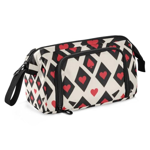 Amooorous Federmäppchen, Motiv: Pokerraster, großes Fassungsvermögen, Make-up-Tasche mit Fach für Mädchen, Schulbedarf, Rot und Schwarz von Amooorous