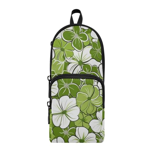 Amooorous Federmäppchen aus Nylon, 3 Fächer, Mehrzweck- und ästhetisches Reißverschluss-Federmäppchen, Schulbedarf für Teenager, 1600 ml, Grün und Blume und Weiß von Amooorous