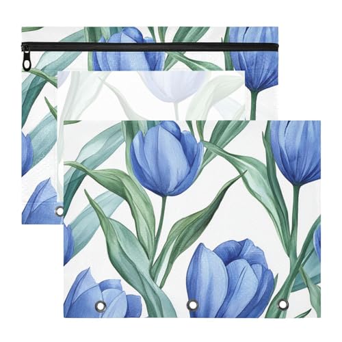 Amooorous Federmäppchen mit 3 Löchern, Stifthalter für A4-Papier, Briefe, 2 Stück, Studenten, Schulanfang, königsblaue Tulpen mit grünen Blättern, nahtloses Muster, weißer Hintergrund, Aquarellmalerei von Amooorous