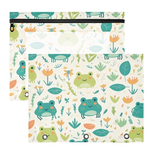 Amooorous Federmäppchen mit 3 verstärkten Ösen, 3-Loch-Tasche für A4-Papier, Briefe, 2 Stück, Studenten, Büro, frisch, Frühling, niedliche Frösche, Grün von Amooorous