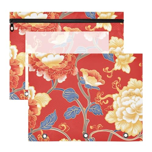Amooorous Federmäppchen mit Reißverschluss, Kunststoff, Dokumentenmappe für A4-Papier, Briefe, 2 Stück, Lehrer, Büro, chinesischer Stil, elegante Blumen, Rot von Amooorous