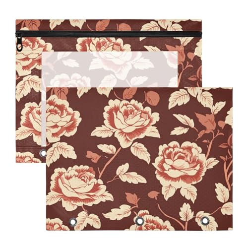 Amooorous Federmäppchen mit glatten Reißverschlüssen, 3-Loch-Tasche für A4-Papier, Briefe, 2 Stück, Studenten, Klassenzimmer, rote Valentinsblumen von Amooorous