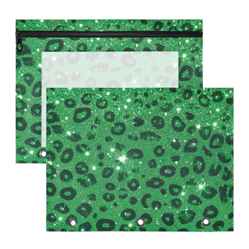 Amooorous Federmäppchen mit glatten Reißverschlüssen, Aufbewahrungstasche für 3 Ringe, 2 Stück, Lehrer, Kunstbedarf, Aufbewahrung, künstlicher Glitzer, Leopardenmuster, Grün von Amooorous